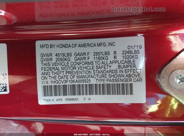 1HGCV3F10KA005925 2019 HONDA ACCORD HYBRID Red Вид підкапотного простору