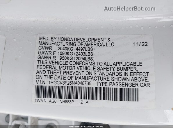 1HGCV3F26NA046735 2022 HONDA ACCORD HYBRID Белый Вид подкапотного пространства
