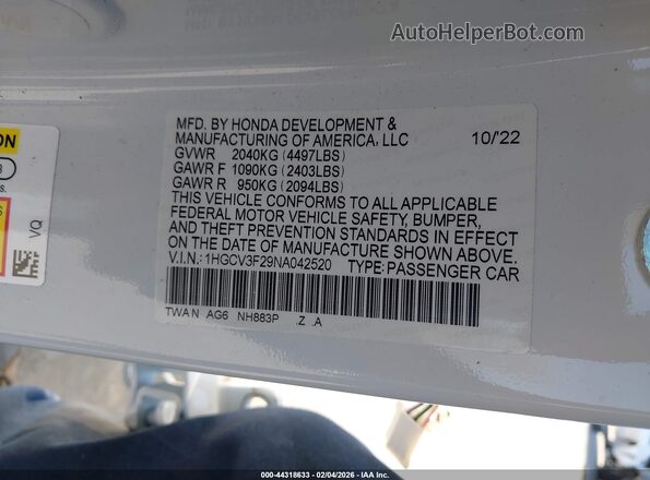 1HGCV3F29NA042520 2022 HONDA ACCORD HYBRID White Widok komory silnika