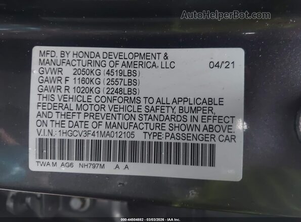 1HGCV3F41MA012105 2021 HONDA ACCORD HYBRID Gray ძრავის განყოფილების ხედი