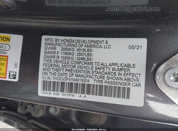 1HGCV3F41MA016204 2021 HONDA ACCORD HYBRID Gray Vista del compartimento del motor
