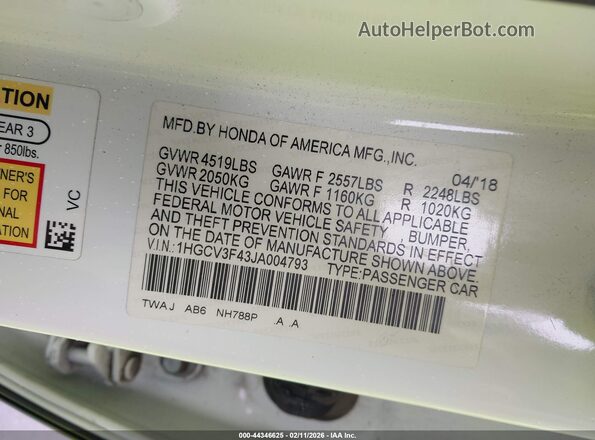 1HGCV3F43JA004793 2018 HONDA ACCORD HYBRID Белый Вид подкапотного пространства