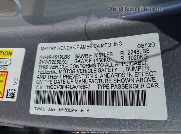 1HGCV3F44LA016647 2020 HONDA ACCORD HYBRID Серебряный Вид подкапотного пространства