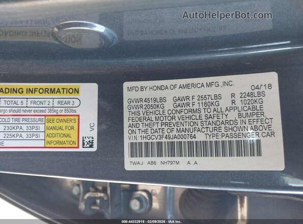 1HGCV3F49JA000764 2018 HONDA ACCORD HYBRID Gray Widok komory silnika
