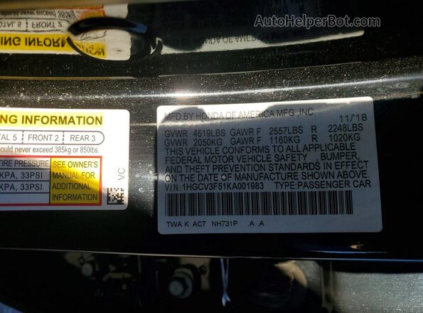 1HGCV3F51KA001983 2019 HONDA ACCORD Black Вид наклейки з VIN-кодом