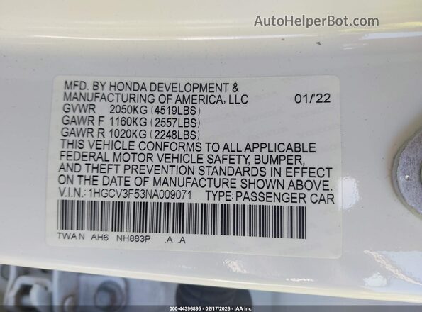 1HGCV3F53NA009071 2022 HONDA ACCORD HYBRID Белый Вид подкапотного пространства
