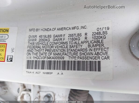 1HGCV3F54KA005509 2019 HONDA ACCORD HYBRID White Շարժիչի բաժամունքի տեսք