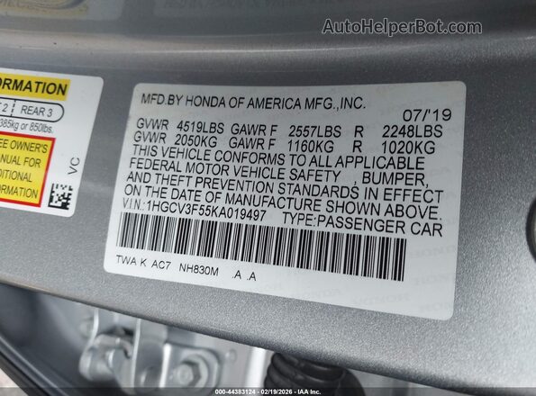 1HGCV3F55KA019497 2019 HONDA ACCORD HYBRID Gray Vista del compartimento del motor