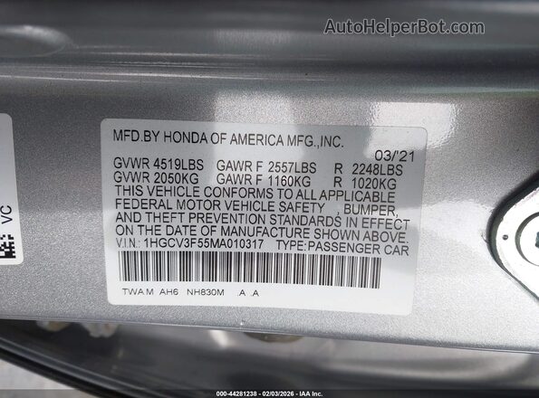 1HGCV3F55MA010317 2021 HONDA ACCORD HYBRID Silver Vista del compartimento del motor