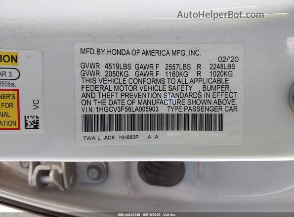 1HGCV3F56LA005903 2020 HONDA ACCORD HYBRID Белый Вид подкапотного пространства