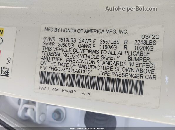 1HGCV3F56LA010731 2020 HONDA ACCORD HYBRID White Vista del compartimento del motor
