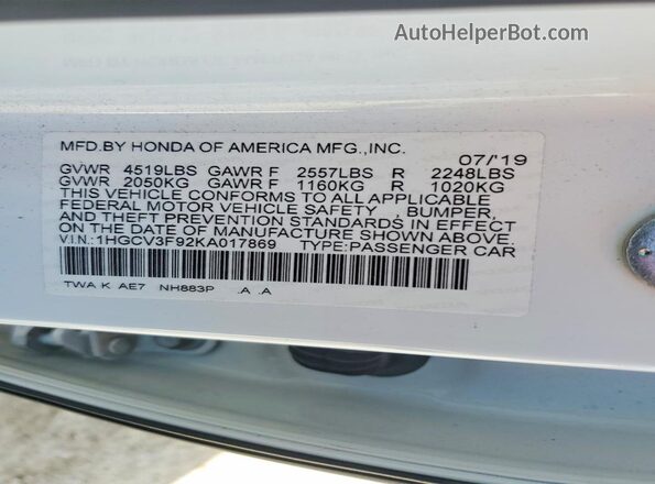1HGCV3F92KA017869 2019 HONDA ACCORD White Widok naklejki z numerem VIN