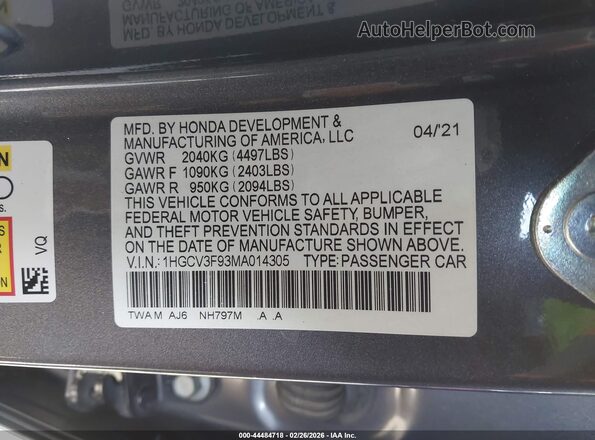 1HGCV3F93MA014305 2021 HONDA ACCORD HYBRID Gray ძრავის განყოფილების ხედი