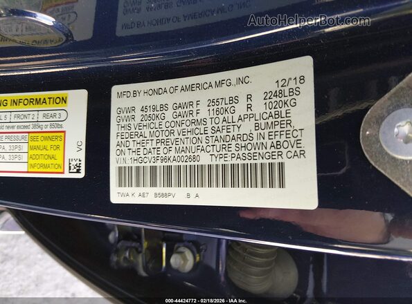 1HGCV3F96KA002680 2019 HONDA ACCORD HYBRID Blue Vista del compartimento del motor
