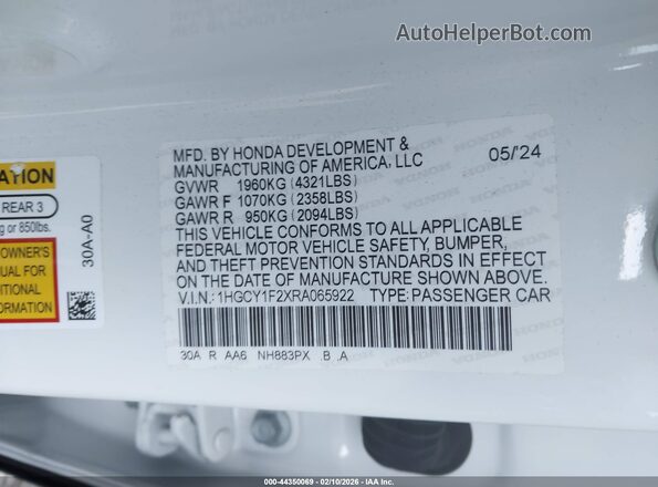 1HGCY1F2XRA065922 2024 HONDA ACCORD Белый Вид подкапотного пространства