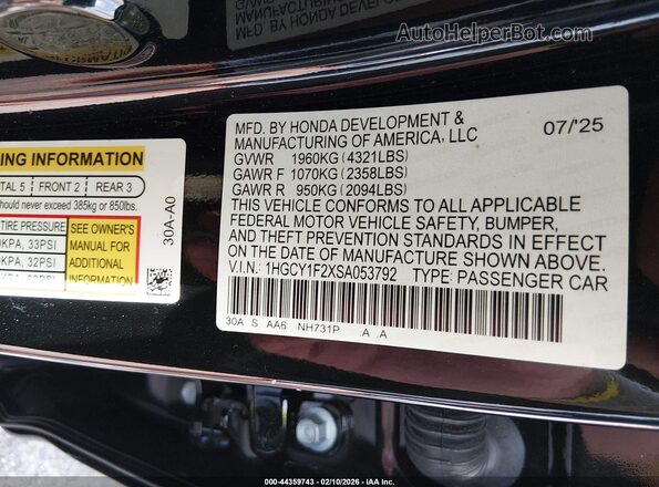 1HGCY1F2XSA053792 2025 HONDA ACCORD Black Widok komory silnika