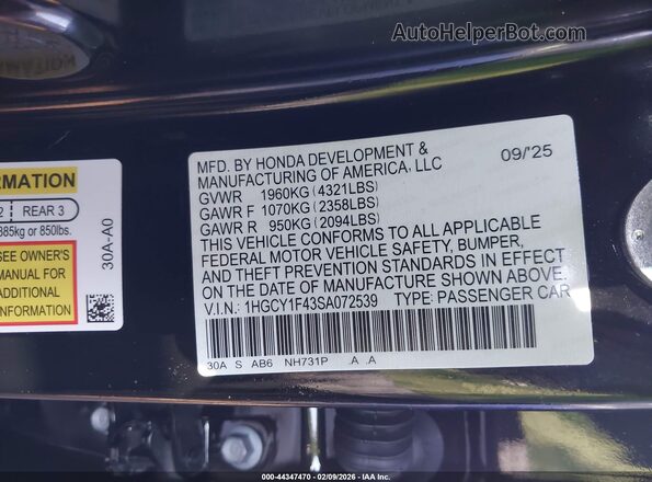 1HGCY1F43SA072539 2025 HONDA ACCORD Черный Вид подкапотного пространства