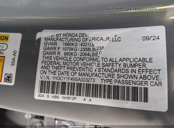 1HGCY1F49SA003273 2025 HONDA ACCORD Серый Вид подкапотного пространства