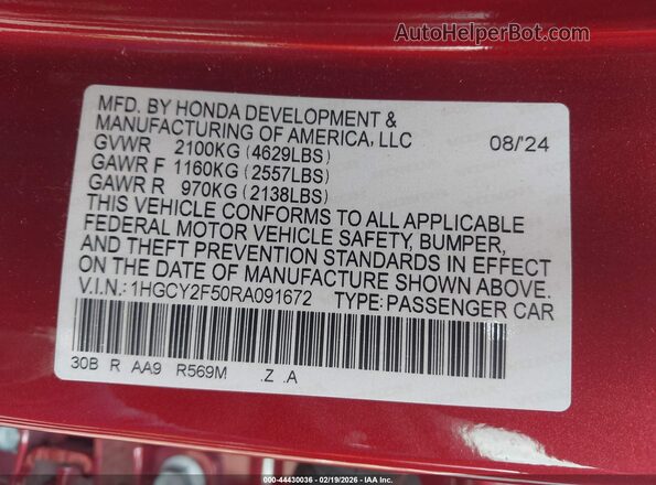 1HGCY2F50RA091672 2024 HONDA ACCORD HYBRID Красный Вид подкапотного пространства