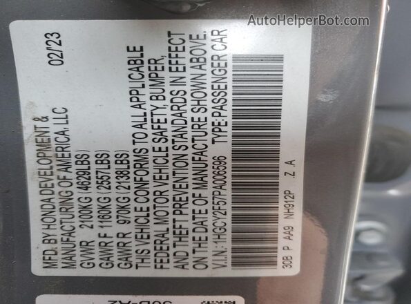 1HGCY2F57PA006596 2023 HONDA ACCORD Синий Вид наклейки с VIN-кодом