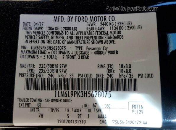 1LN6L9PK3H5628075 2017 LINCOLN CONTINENTA Черный Вид наклейки с VIN-кодом