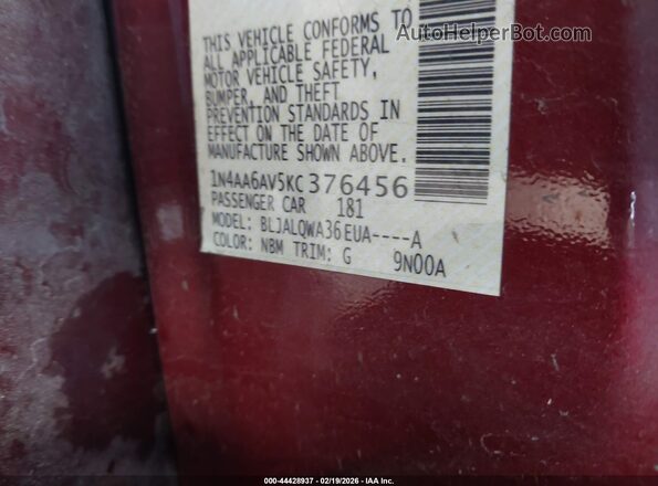 1N4AA6AV5KC376456 2019 NISSAN MAXIMA Красный Вид подкапотного пространства