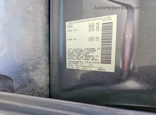 1N4AA6AV7KC381495 2019 NISSAN MAXIMA Серый Вид наклейки с VIN-кодом