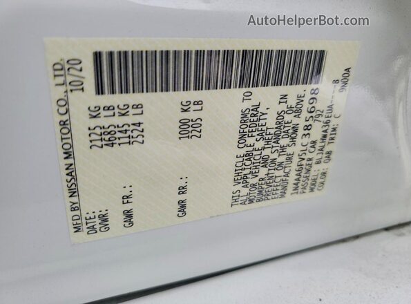 1N4AA6FV5LC385698 2020 NISSAN MAXIMA PLATINUM White Вид підкапотного простору