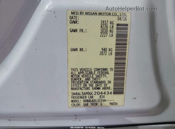 1N4AL3AP0GC204434 2016 NISSAN ALTIMA White Շարժիչի բաժամունքի տեսք