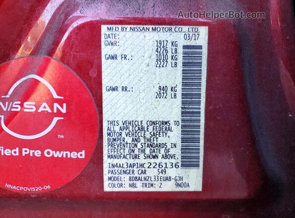 1N4AL3AP1HC226136 2017 NISSAN ALTIMA Burgundy Vista del compartimento del motor
