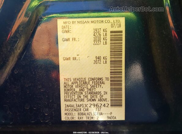 1N4AL3AP1JC296242 2018 NISSAN ALTIMA Синий Вид подкапотного пространства