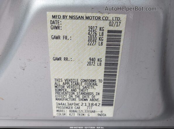 1N4AL3AP3HC213842 2017 NISSAN ALTIMA Silver Engine compartment view