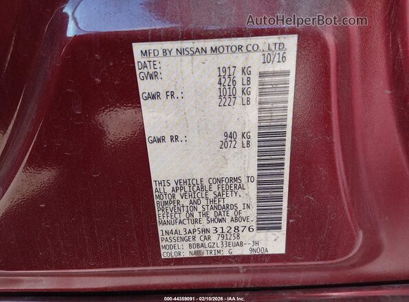 1N4AL3AP5HN312876 2017 NISSAN ALTIMA Red Vista del compartimento del motor