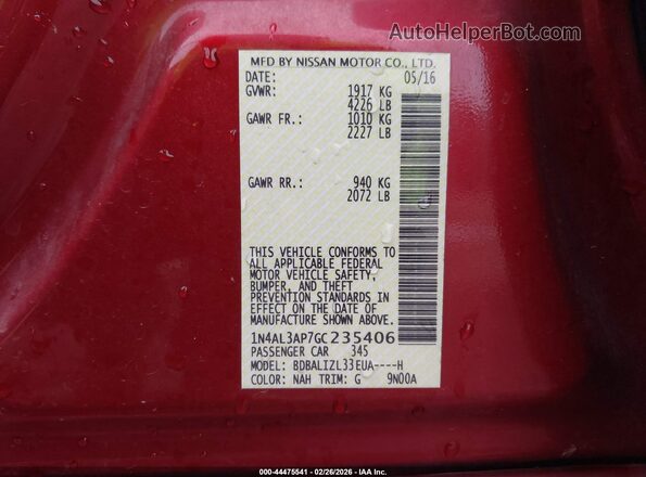 1N4AL3AP7GC235406 2016 NISSAN ALTIMA Red Вид підкапотного простору