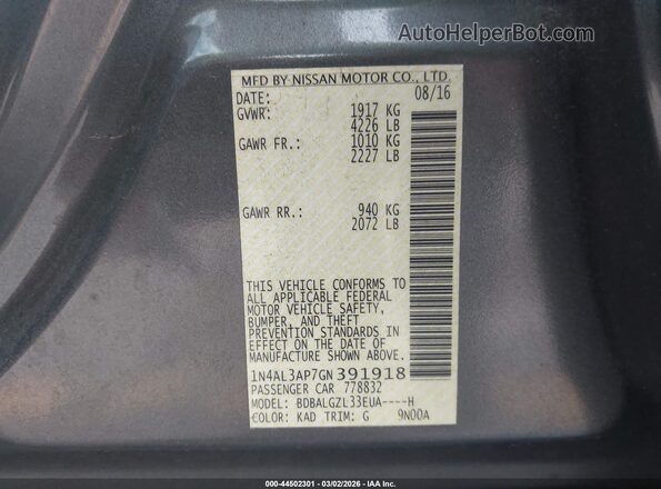 1N4AL3AP7GN391918 2016 NISSAN ALTIMA Gray ძრავის განყოფილების ხედი