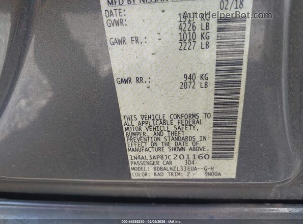1N4AL3AP8JC201160 2018 NISSAN ALTIMA Gray Vista del compartimento del motor