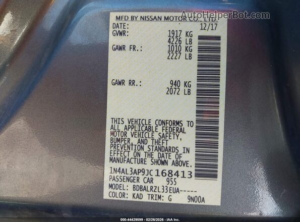 1N4AL3AP9JC168413 2018 NISSAN ALTIMA Серый Вид подкапотного пространства