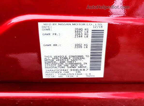 1N4AZ1CP4KC306487 2019 NISSAN LEAF Red VIN კოდის სტიკერის ხედი