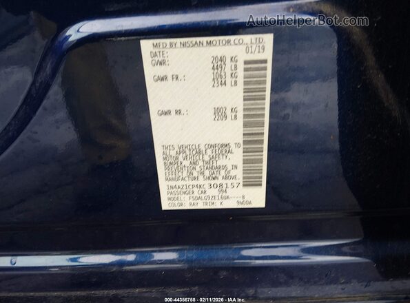 1N4AZ1CP4KC308157 2019 NISSAN LEAF Blue Widok komory silnika
