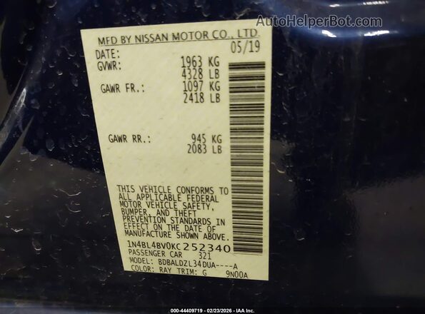 1N4BL4BV0KC252340 2019 NISSAN ALTIMA Blue Widok komory silnika