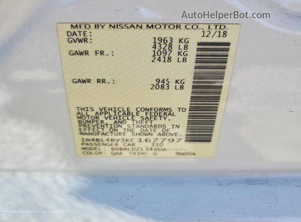 1N4BL4BV3KC167797 2019 NISSAN ALTIMA White Вид підкапотного простору
