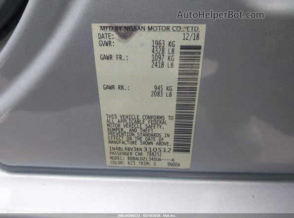 1N4BL4BV3KN310512 2019 NISSAN ALTIMA Серебряный Вид подкапотного пространства