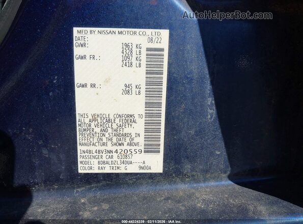 1N4BL4BV3NN420559 2022 NISSAN ALTIMA Blue Widok komory silnika