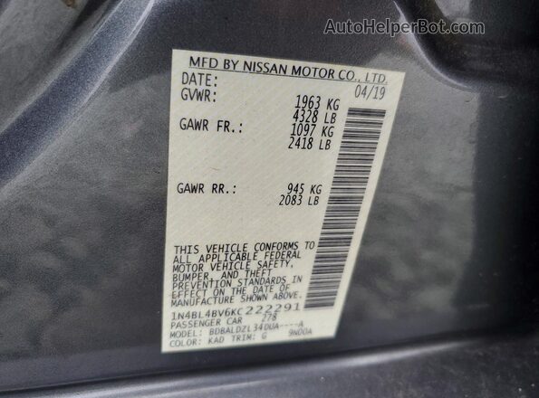 1N4BL4BV6KC222291 2019 NISSAN ALTIMA Silver ძრავის განყოფილების ხედი