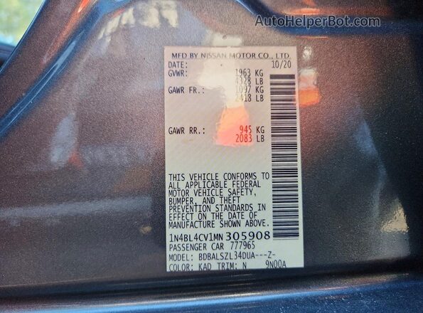 1N4BL4CV1MN305908 2021 NISSAN ALTIMA Gray Widok komory silnika