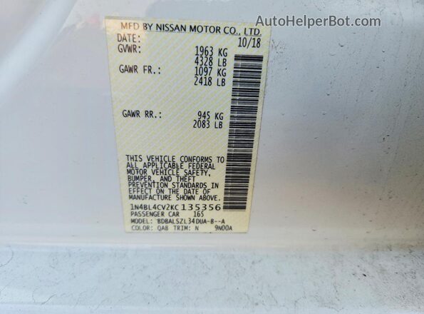 1N4BL4CV2KC135356 2019 NISSAN ALTIMA Белый Вид подкапотного пространства
