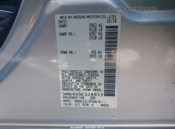 1N4BL4CV3KC128853 2019 NISSAN ALTIMA Silver ძრავის განყოფილების ხედი