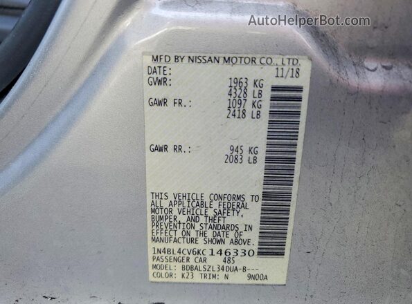 1N4BL4CV6KC146330 2019 NISSAN ALTIMA Серебряный Вид наклейки с VIN-кодом