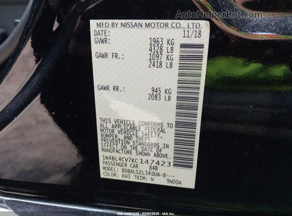 1N4BL4CV7KC147423 2019 NISSAN ALTIMA Black ძრავის განყოფილების ხედი