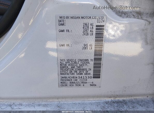 1N4BL4CV8SN341530 2025 NISSAN ALTIMA Белый Вид подкапотного пространства